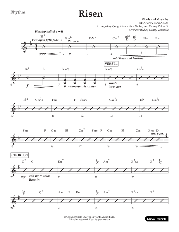 Risen (Choral Anthem SATB) Rhythm Chart (Lifeway Choral / Arr. Craig Adams / Arr. Ken Barker / Arr. Danny Zaloudik)