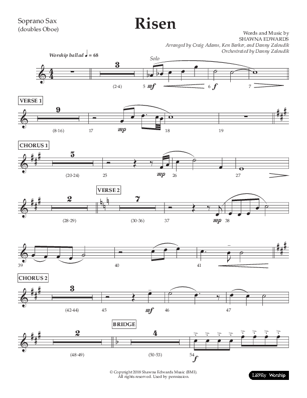 Risen (Choral Anthem SATB) Soprano Sax (Lifeway Choral / Arr. Craig Adams / Arr. Ken Barker / Arr. Danny Zaloudik)