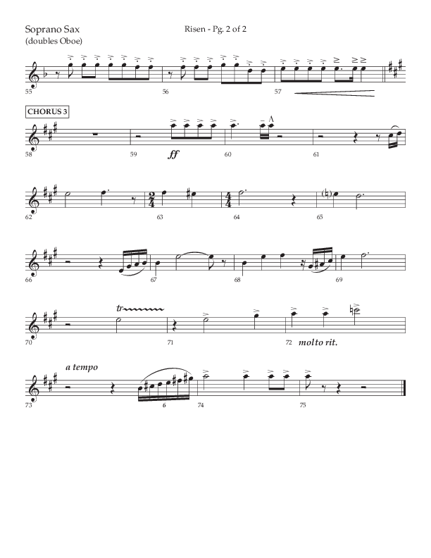Risen (Choral Anthem SATB) Soprano Sax (Lifeway Choral / Arr. Craig Adams / Arr. Ken Barker / Arr. Danny Zaloudik)