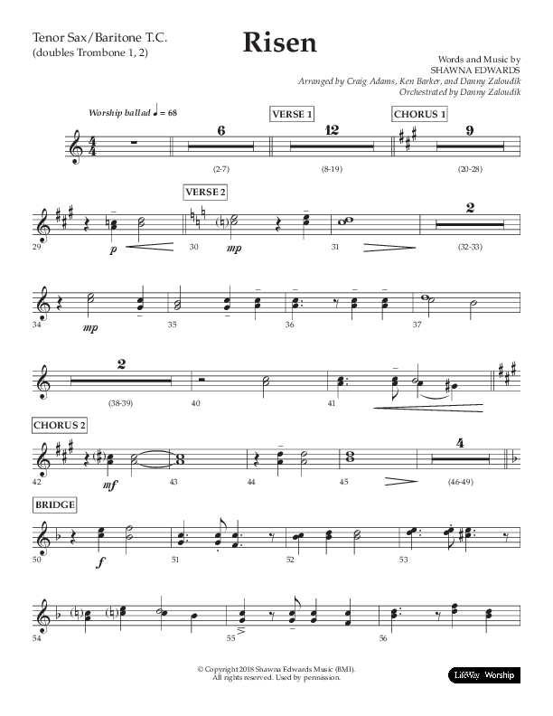 Risen (Choral Anthem SATB) Tenor Sax/Baritone T.C. (Lifeway Choral / Arr. Craig Adams / Arr. Ken Barker / Arr. Danny Zaloudik)