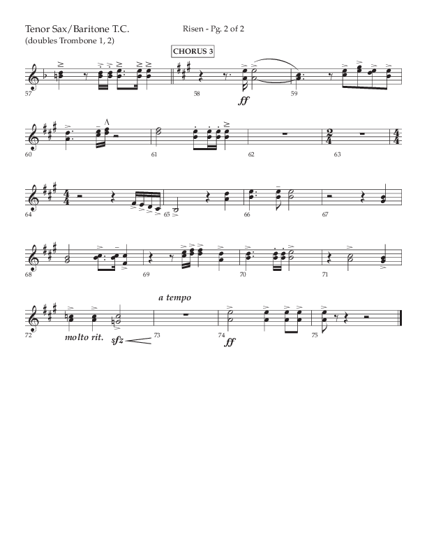 Risen (Choral Anthem SATB) Tenor Sax/Baritone T.C. (Lifeway Choral / Arr. Craig Adams / Arr. Ken Barker / Arr. Danny Zaloudik)