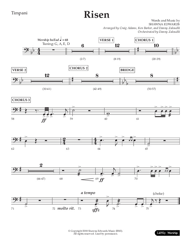 Risen (Choral Anthem SATB) Timpani (Lifeway Choral / Arr. Craig Adams / Arr. Ken Barker / Arr. Danny Zaloudik)