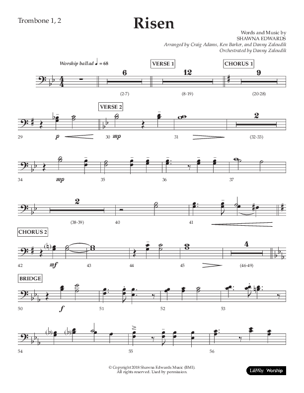 Risen (Choral Anthem SATB) Trombone 1/2 (Lifeway Choral / Arr. Craig Adams / Arr. Ken Barker / Arr. Danny Zaloudik)