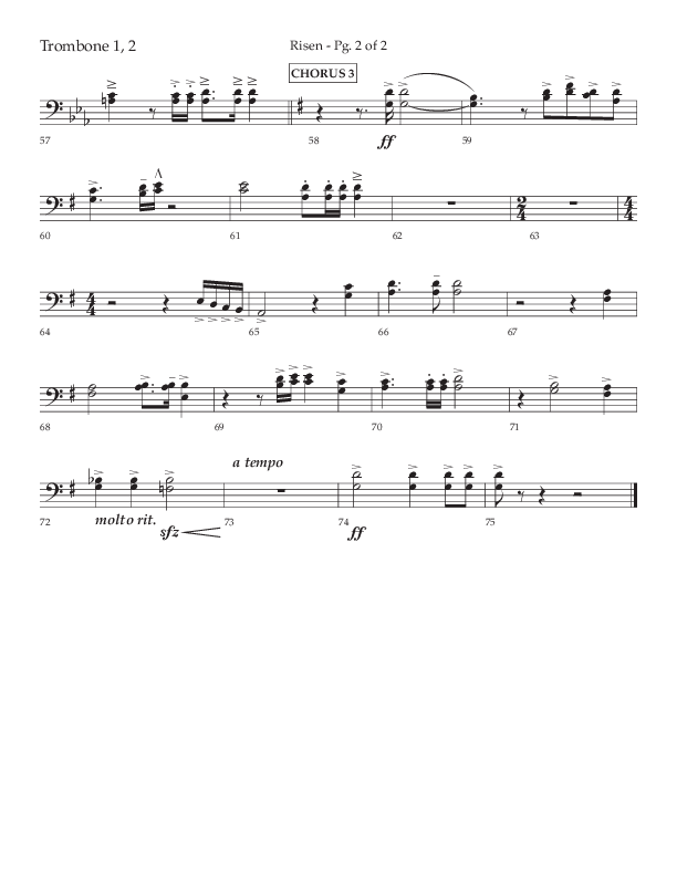 Risen (Choral Anthem SATB) Trombone 1/2 (Lifeway Choral / Arr. Craig Adams / Arr. Ken Barker / Arr. Danny Zaloudik)
