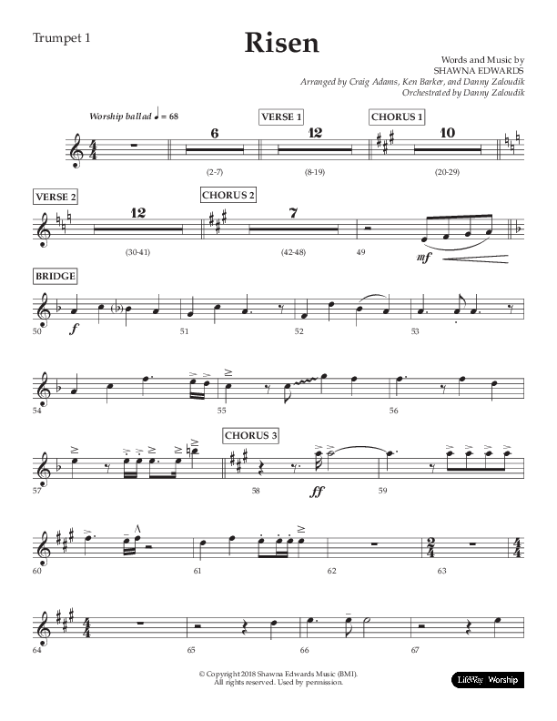 Risen (Choral Anthem SATB) Trumpet 1 (Lifeway Choral / Arr. Craig Adams / Arr. Ken Barker / Arr. Danny Zaloudik)