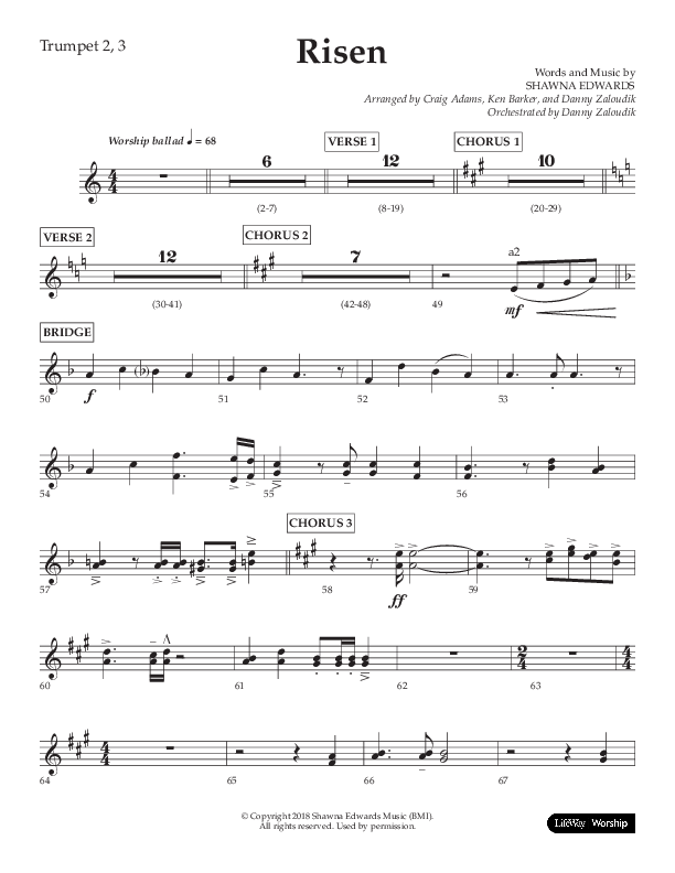 Risen (Choral Anthem SATB) Trumpet 2/3 (Lifeway Choral / Arr. Craig Adams / Arr. Ken Barker / Arr. Danny Zaloudik)