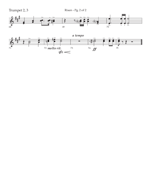 Risen (Choral Anthem SATB) Trumpet 2/3 (Lifeway Choral / Arr. Craig Adams / Arr. Ken Barker / Arr. Danny Zaloudik)