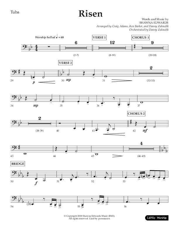 Risen (Choral Anthem SATB) Tuba (Lifeway Choral / Arr. Craig Adams / Arr. Ken Barker / Arr. Danny Zaloudik)