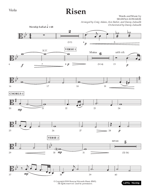 Risen (Choral Anthem SATB) Viola (Lifeway Choral / Arr. Craig Adams / Arr. Ken Barker / Arr. Danny Zaloudik)