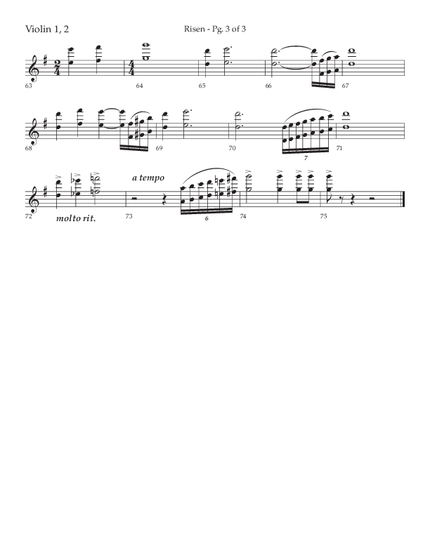 Risen (Choral Anthem SATB) Violin 1/2 (Lifeway Choral / Arr. Craig Adams / Arr. Ken Barker / Arr. Danny Zaloudik)