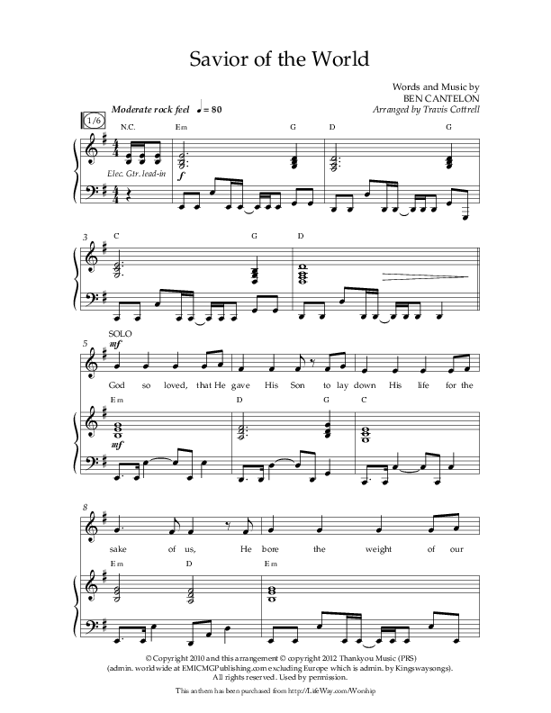 Savior Of The World (Choral Anthem SATB) Anthem (SATB/Piano) (Lifeway Choral / Arr. Travis Cottrell)