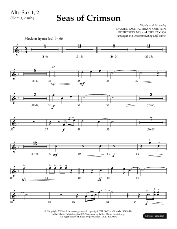 Seas Of Crimson (Choral Anthem SATB) Alto Sax 1/2 (Lifeway Choral / Arr. Cliff Duren)