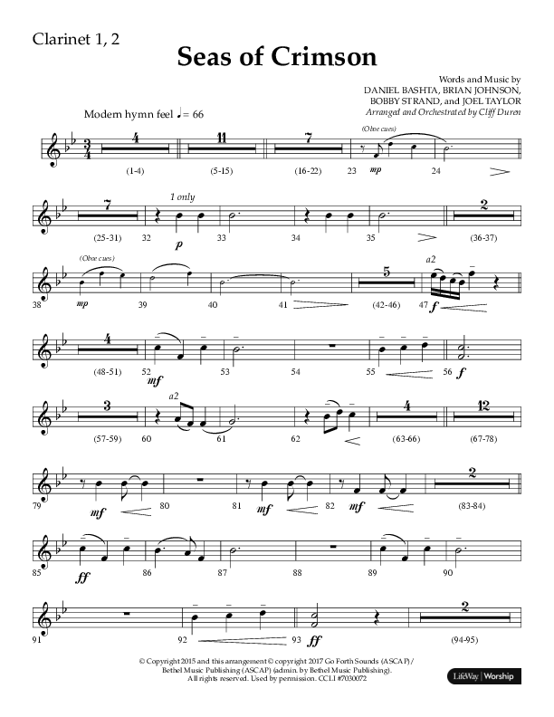 Seas Of Crimson (Choral Anthem SATB) Clarinet 1/2 (Lifeway Choral / Arr. Cliff Duren)