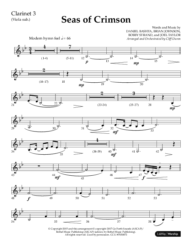 Seas Of Crimson (Choral Anthem SATB) Clarinet 3 (Lifeway Choral / Arr. Cliff Duren)