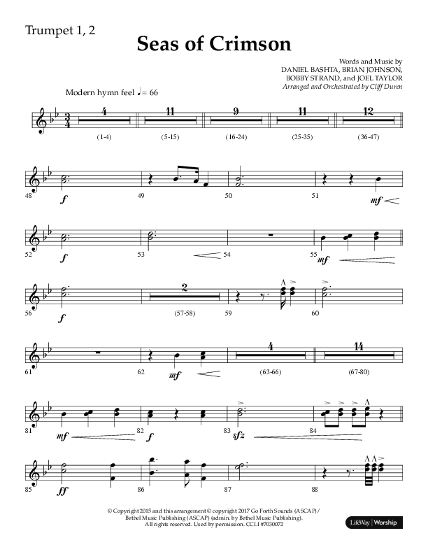Seas Of Crimson (Choral Anthem SATB) Trumpet 1,2 (Lifeway Choral / Arr. Cliff Duren)
