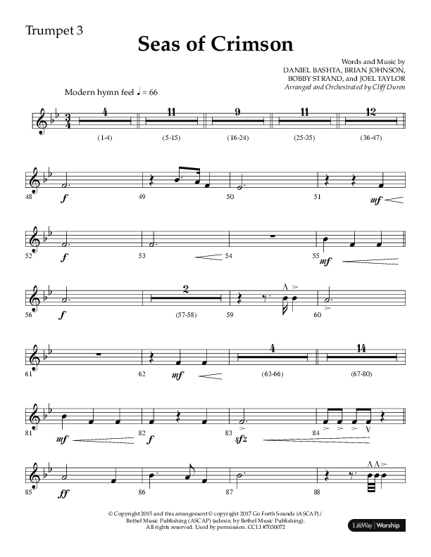 Seas Of Crimson (Choral Anthem SATB) Trumpet 3 (Lifeway Choral / Arr. Cliff Duren)