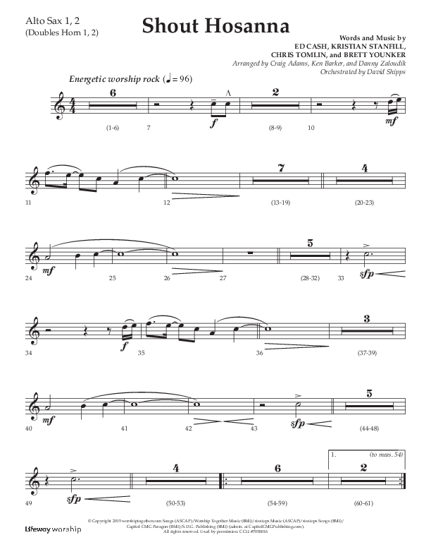 Shout Hosanna (Choral Anthem SATB) Alto Sax 1/2 (Lifeway Choral / Arr. Craig Adams / Arr. Ken Barker / Arr. Danny Zaloudik / Orch. David Shipps)