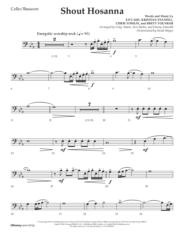 Shout Hosanna (Choral Anthem SATB) Cello (Lifeway Choral / Arr. Craig Adams / Arr. Ken Barker / Arr. Danny Zaloudik / Orch. David Shipps)