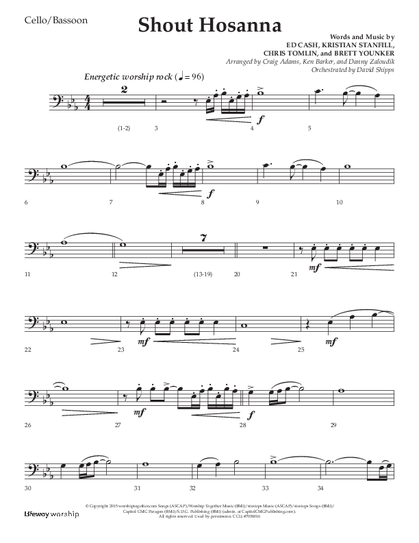 Shout Hosanna (Choral Anthem SATB) Cello (Lifeway Choral / Arr. Craig Adams / Arr. Ken Barker / Arr. Danny Zaloudik / Orch. David Shipps)