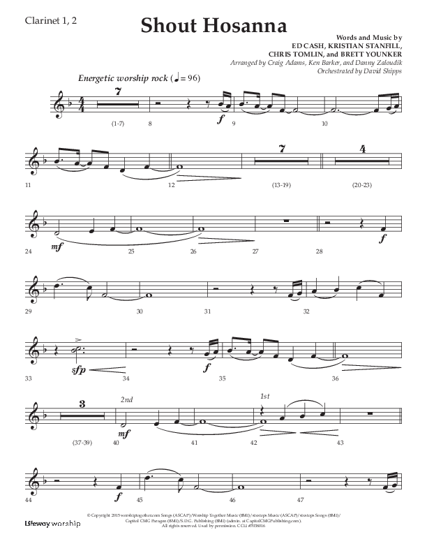 Shout Hosanna (Choral Anthem SATB) Clarinet 1/2 (Lifeway Choral / Arr. Craig Adams / Arr. Ken Barker / Arr. Danny Zaloudik / Orch. David Shipps)