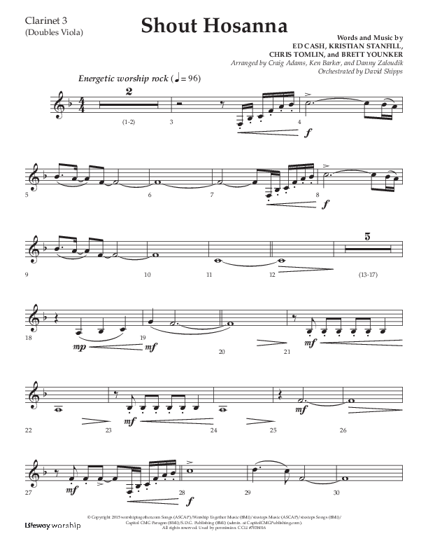 Shout Hosanna (Choral Anthem SATB) Clarinet 3 (Lifeway Choral / Arr. Craig Adams / Arr. Ken Barker / Arr. Danny Zaloudik / Orch. David Shipps)