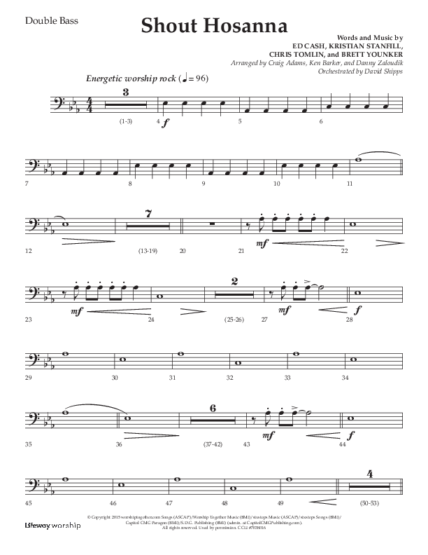 Shout Hosanna (Choral Anthem SATB) Double Bass (Lifeway Choral / Arr. Craig Adams / Arr. Ken Barker / Arr. Danny Zaloudik / Orch. David Shipps)