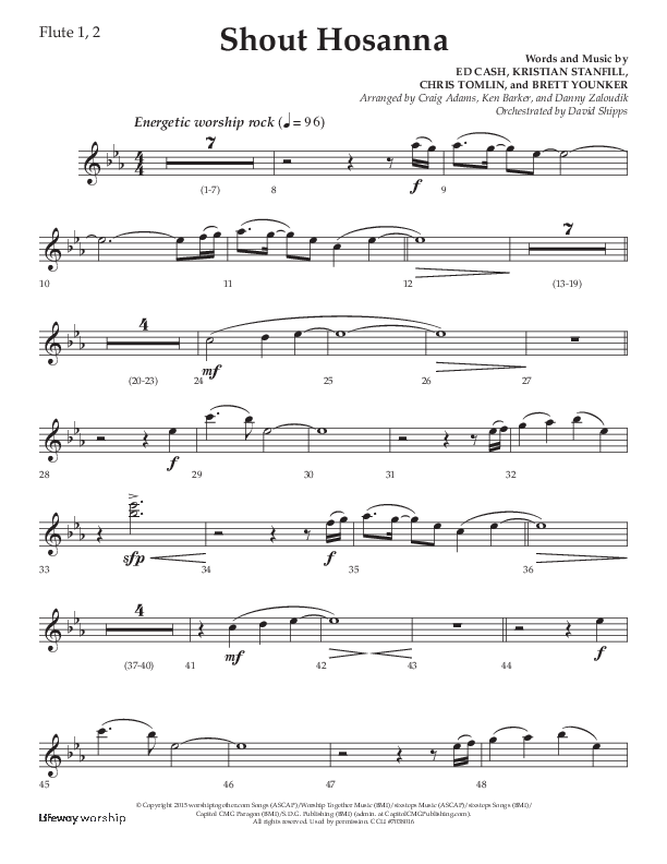 Shout Hosanna (Choral Anthem SATB) Flute 1/2 (Lifeway Choral / Arr. Craig Adams / Arr. Ken Barker / Arr. Danny Zaloudik / Orch. David Shipps)