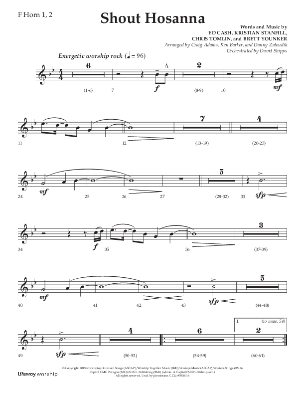 Shout Hosanna (Choral Anthem SATB) French Horn 1/2 (Lifeway Choral / Arr. Craig Adams / Arr. Ken Barker / Arr. Danny Zaloudik / Orch. David Shipps)