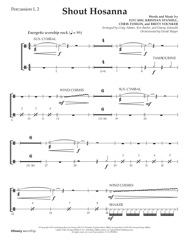 Shout Hosanna (Choral Anthem SATB) Percussion 1/2 (Lifeway Choral / Arr. Craig Adams / Arr. Ken Barker / Arr. Danny Zaloudik / Orch. David Shipps)