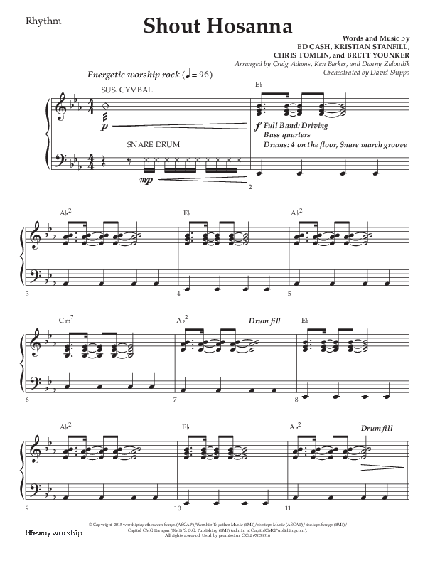Shout Hosanna (Choral Anthem SATB) Rhythm Chart (Lifeway Choral / Arr. Craig Adams / Arr. Ken Barker / Arr. Danny Zaloudik / Orch. David Shipps)