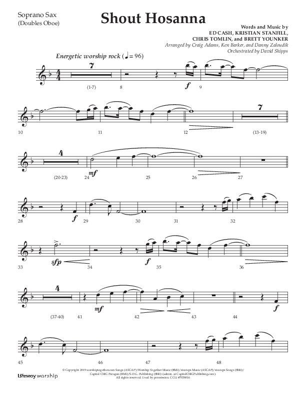 Shout Hosanna (Choral Anthem SATB) Soprano Sax (Lifeway Choral / Arr. Craig Adams / Arr. Ken Barker / Arr. Danny Zaloudik / Orch. David Shipps)