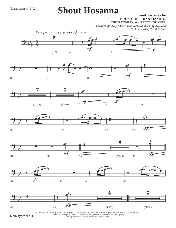 Shout Hosanna (Choral Anthem SATB) Trombone 1/2 (Lifeway Choral / Arr. Craig Adams / Arr. Ken Barker / Arr. Danny Zaloudik / Orch. David Shipps)