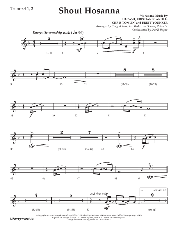 Shout Hosanna (Choral Anthem SATB) Trumpet 1,2 (Lifeway Choral / Arr. Craig Adams / Arr. Ken Barker / Arr. Danny Zaloudik / Orch. David Shipps)