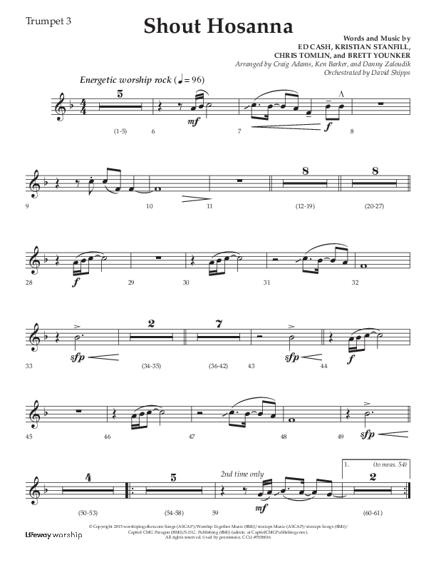 Shout Hosanna (Choral Anthem SATB) Trumpet 3 (Lifeway Choral / Arr. Craig Adams / Arr. Ken Barker / Arr. Danny Zaloudik / Orch. David Shipps)