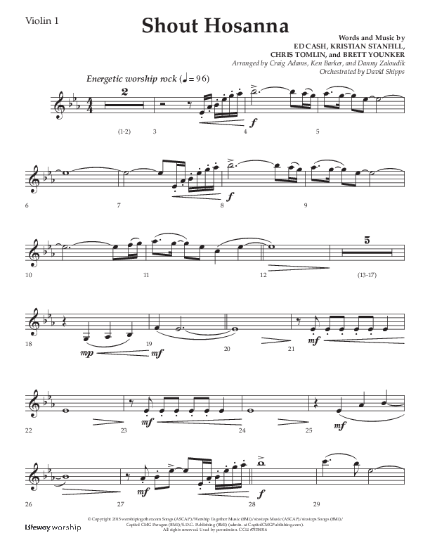 Shout Hosanna (Choral Anthem SATB) Violin 1 (Lifeway Choral / Arr. Craig Adams / Arr. Ken Barker / Arr. Danny Zaloudik / Orch. David Shipps)