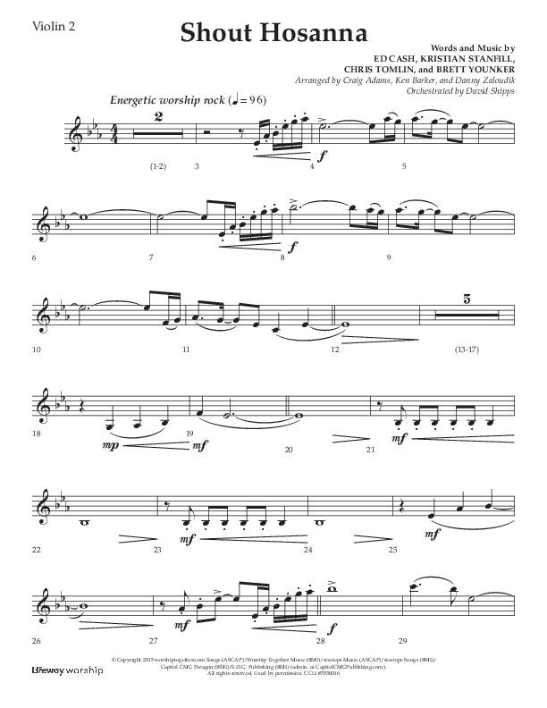 Shout Hosanna (Choral Anthem SATB) Violin 2 (Lifeway Choral / Arr. Craig Adams / Arr. Ken Barker / Arr. Danny Zaloudik / Orch. David Shipps)