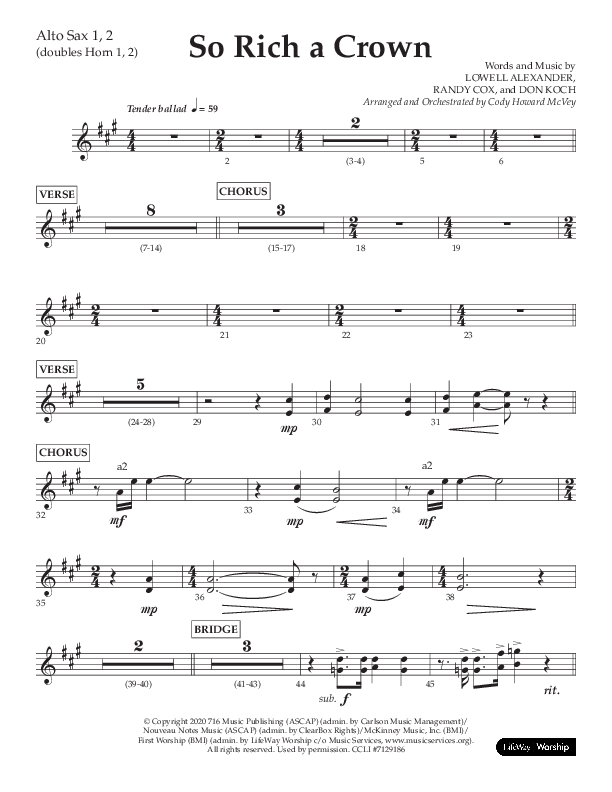 So Rich A Crown (Choral Anthem SATB) Alto Sax 1/2 (Lifeway Choral / Arr. Cody McVey)