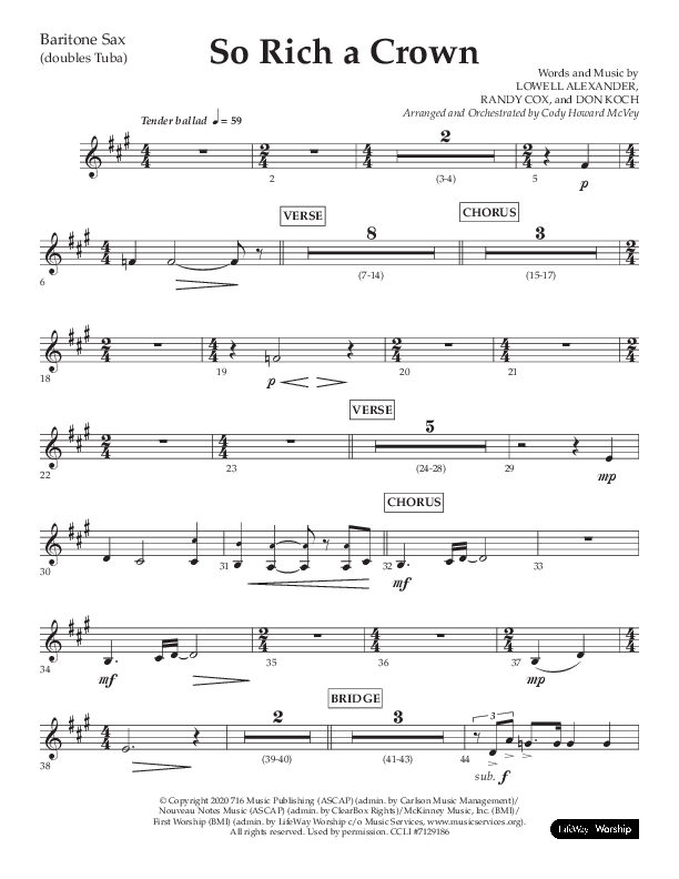 So Rich A Crown (Choral Anthem SATB) Bari Sax (Lifeway Choral / Arr. Cody McVey)