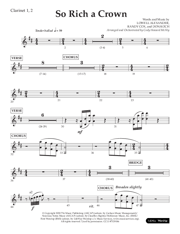 So Rich A Crown (Choral Anthem SATB) Clarinet 1/2 (Lifeway Choral / Arr. Cody McVey)