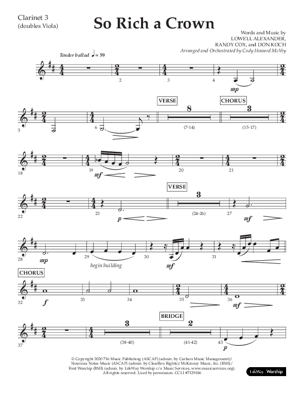 So Rich A Crown (Choral Anthem SATB) Clarinet 3 (Lifeway Choral / Arr. Cody McVey)
