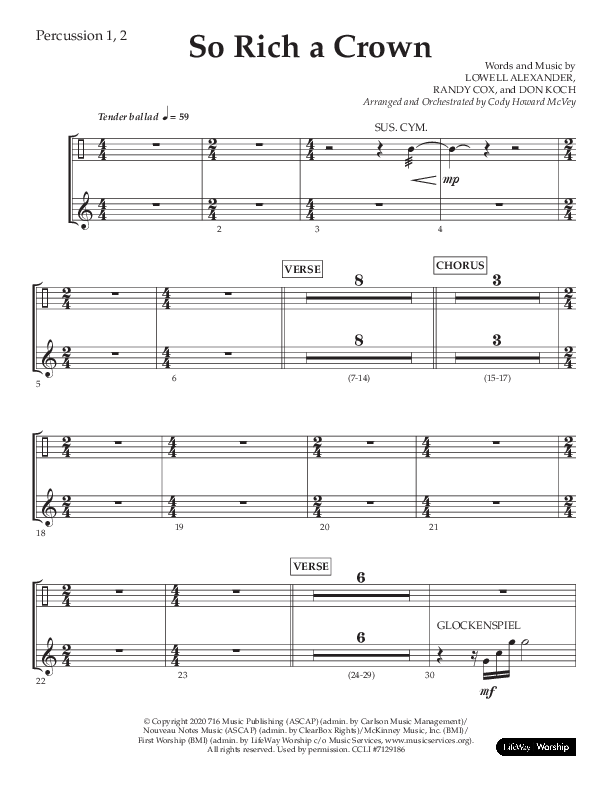 So Rich A Crown (Choral Anthem SATB) Percussion 1/2 (Lifeway Choral / Arr. Cody McVey)