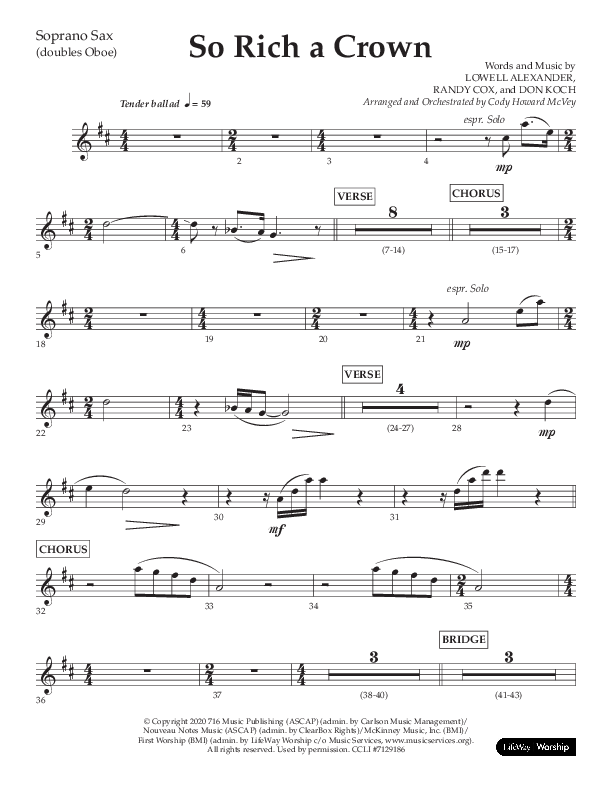 So Rich A Crown (Choral Anthem SATB) Soprano Sax (Lifeway Choral / Arr. Cody McVey)
