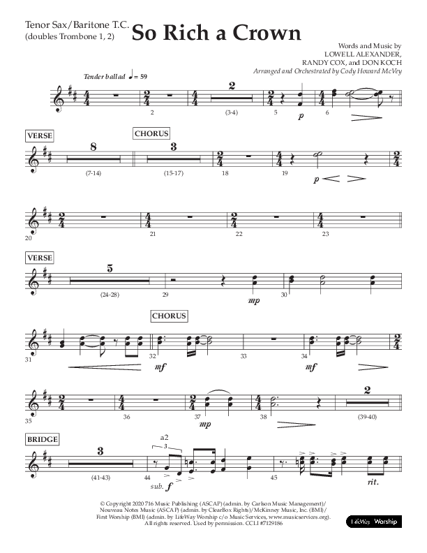 So Rich A Crown (Choral Anthem SATB) Tenor Sax/Baritone T.C. (Lifeway Choral / Arr. Cody McVey)