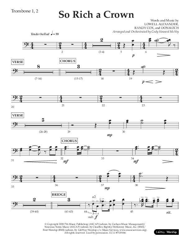 So Rich A Crown (Choral Anthem SATB) Trombone 1/2 (Lifeway Choral / Arr. Cody McVey)