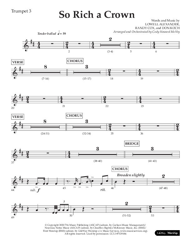 So Rich A Crown (Choral Anthem SATB) Trumpet 3 (Lifeway Choral / Arr. Cody McVey)