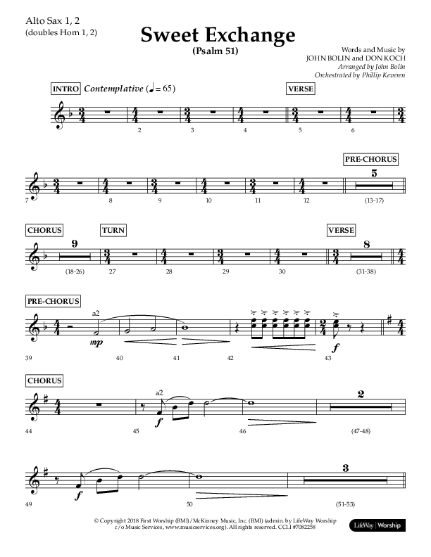Sweet Exchange (Psalm 51) (Choral Anthem SATB) Alto Sax 1/2 (Lifeway Choral / Arr. John Bolin / Orch. Phillip Keveren)