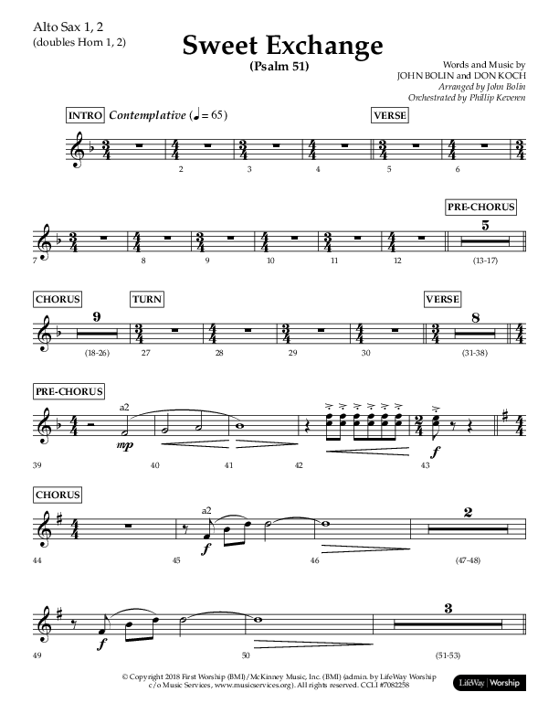 Sweet Exchange (Psalm 51) (Choral Anthem SATB) Alto Sax 1/2 (Lifeway Choral / Arr. John Bolin / Orch. Philip Keveren)
