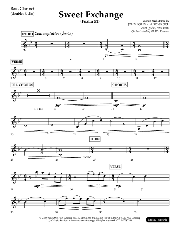 Sweet Exchange (Psalm 51) (Choral Anthem SATB) Bass Clarinet (Lifeway Choral / Arr. John Bolin / Orch. Phillip Keveren)