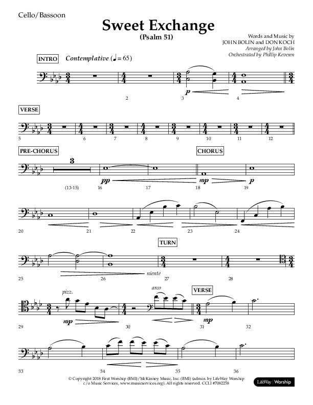 Sweet Exchange (Psalm 51) (Choral Anthem SATB) Cello (Lifeway Choral / Arr. John Bolin / Orch. Phillip Keveren)