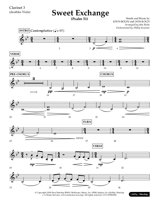 Sweet Exchange (Psalm 51) (Choral Anthem SATB) Clarinet 3 (Lifeway Choral / Arr. John Bolin / Orch. Phillip Keveren)